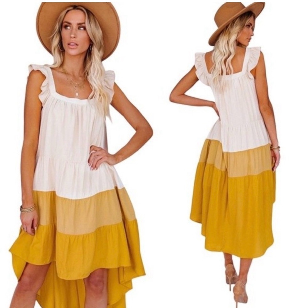 Moodie Yellow & Cream Rayon Blend Tiered Color Block Hi‎ Lo Dress Sz XS